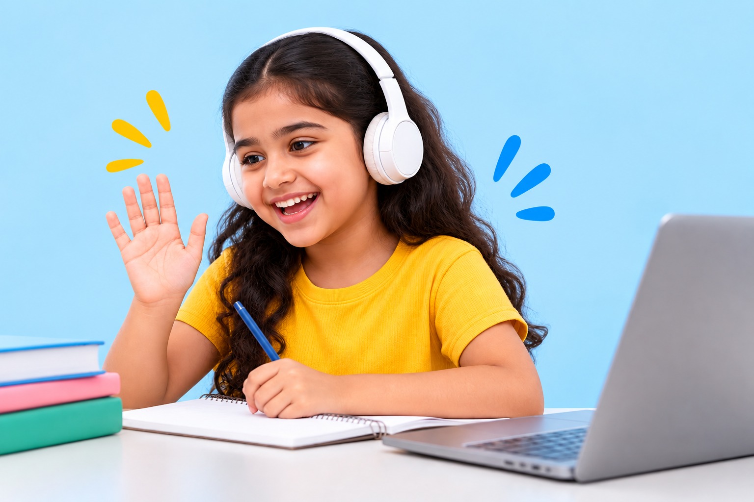 Happy young girl with headphones attending a SpokeUp online English class for kids