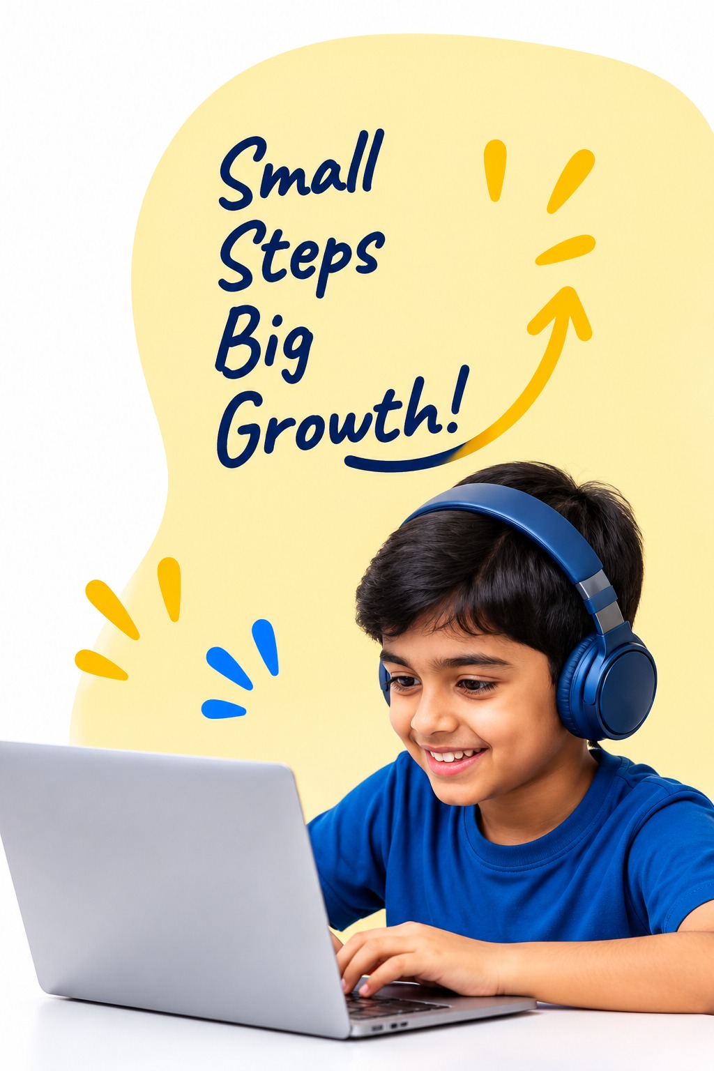 Smiling boy with headphones learning on a laptop, beside the words “Small steps, big growth!”
