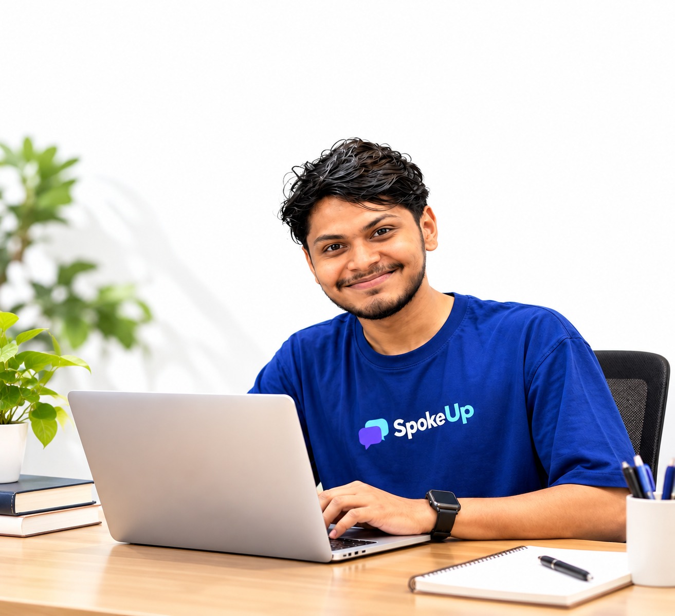 Smiling college student working on a laptop, learning spoken English with SpokeUp